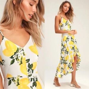 Lulu’s Afternoon Air Yellow Lemon Print High-Low Midi Dress